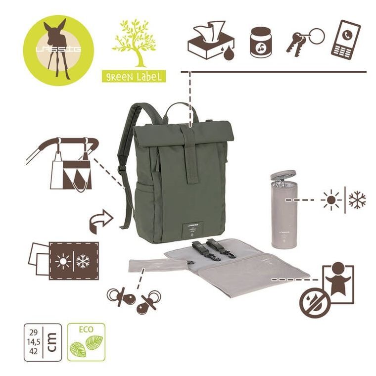 Lassig, Green Label, Rolltop Up Backpack, plecak dla mam z akcesoriami, Olive