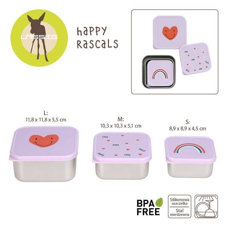 Lassig, Happy Rascals Heart, snackbox ze stali nierdzewnej, pojemnik na przekąski, lavender, 3 szt.
