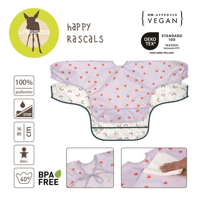 Lassig, Happy Rascals, zestaw śliniaków z długim rękawem, Heart Lavender, 6m+, 2 szt.
