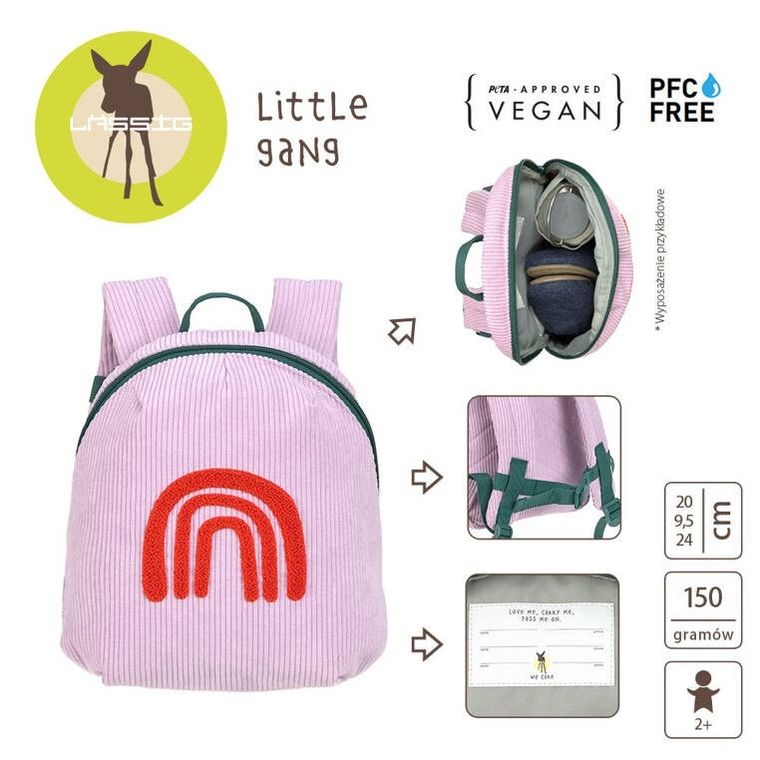 Lassig, Little Gang, Rainbow, plecak dla przedszkolaka, sztruks, lilac