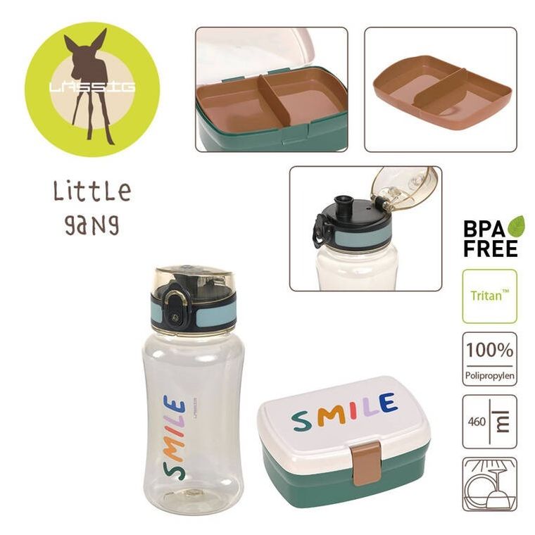 Lassig, Little Gang, Smile, zestaw na lunch: lunchbox + tritanowa butelka 460 ml, milky/ocean green