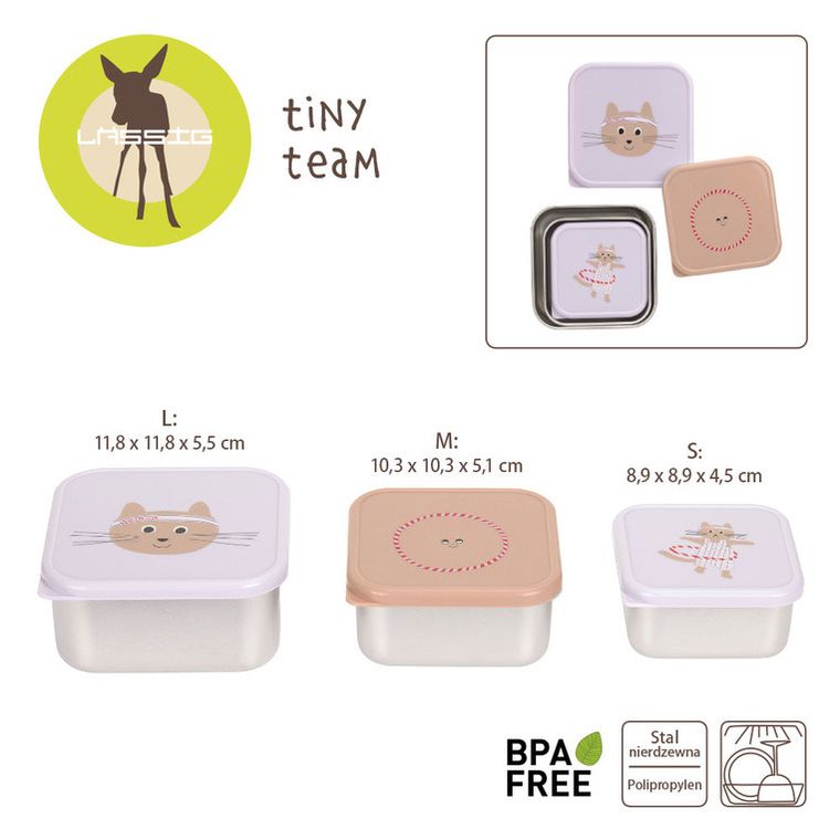 Lassig, Tiny Team, Kotek, snackbox ze stali nierdzewnej, pojemnik na przekąski, 3 szt.