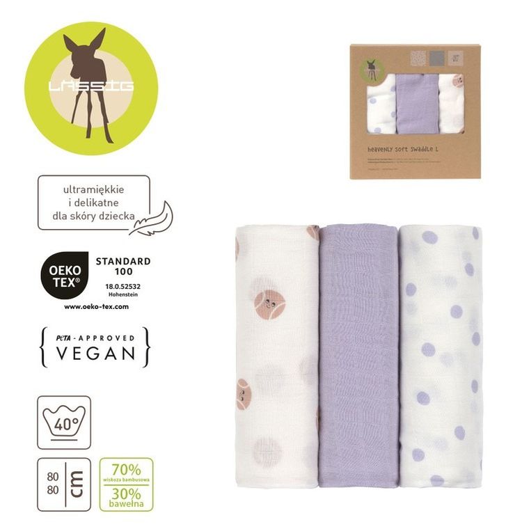 Lassig, Tiny Team, pieluszka bambusowa, otulacz, 80-80 cm, 3 szt.