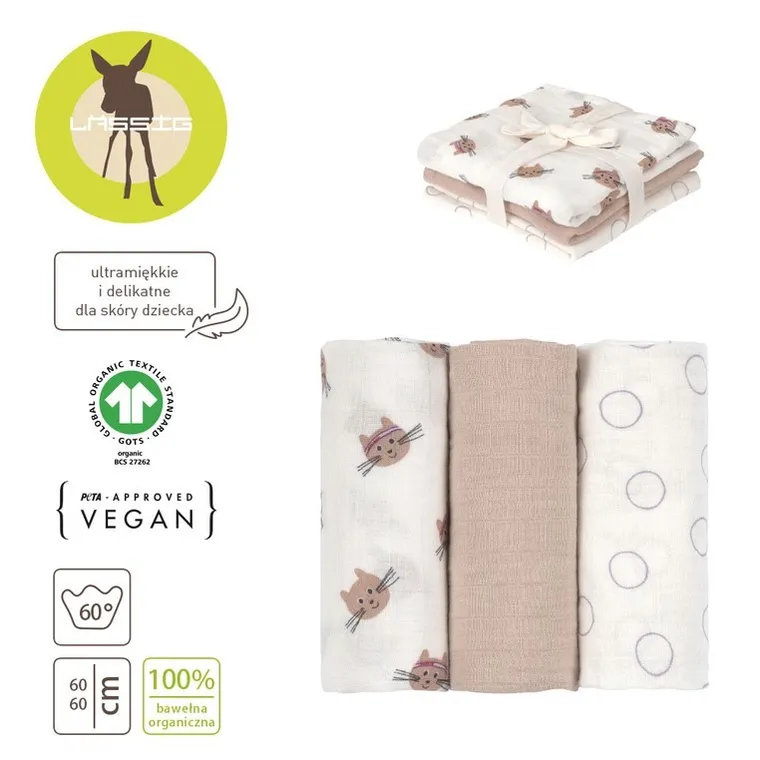 Lassig, Tiny Team, pieluszka muślinowa, otulacz z biobawełny, kotek, 60-60cm, 3 szt.
