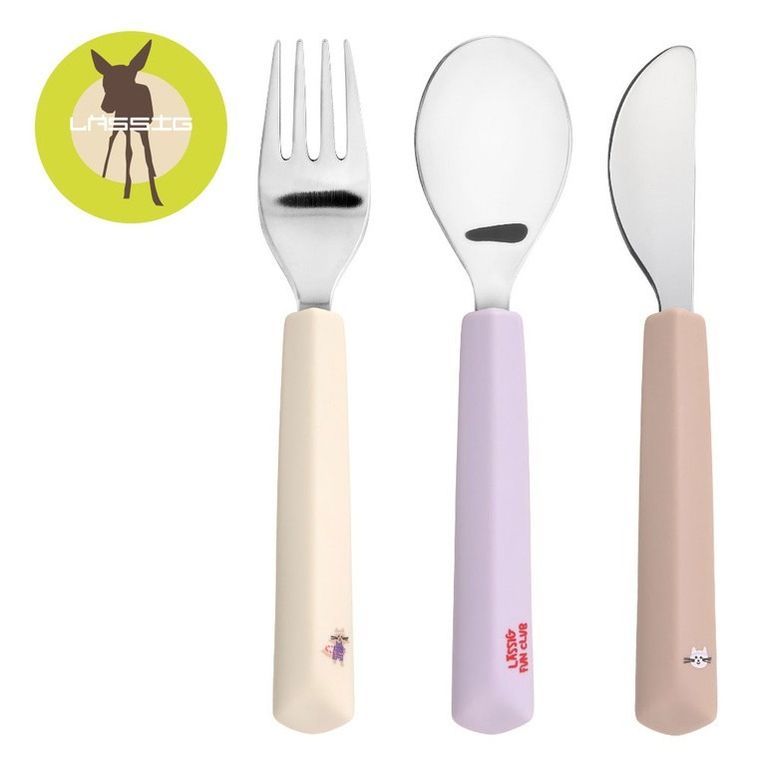 Lassig, Tiny Team, zestaw sztućców ze stali nierdzewnej z silikonową rączką, kotek, 3 szt.