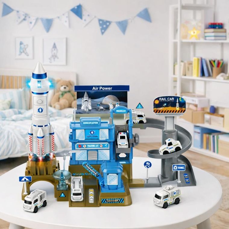 Lean Toys, baza kosmiczna z rakietą, pojazd interaktywny