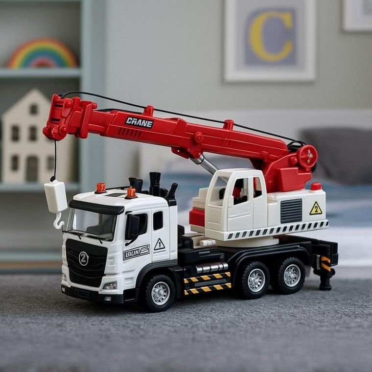 Lean Toys, ciężarówka z dźwigiem, metalowy pojazd budowlany