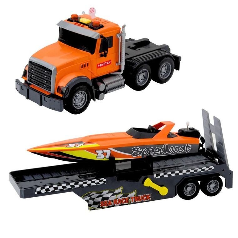 Lean Toys, ciężarówka z nakręcaną motorówką, pojazd interaktywny, pomarańczowa