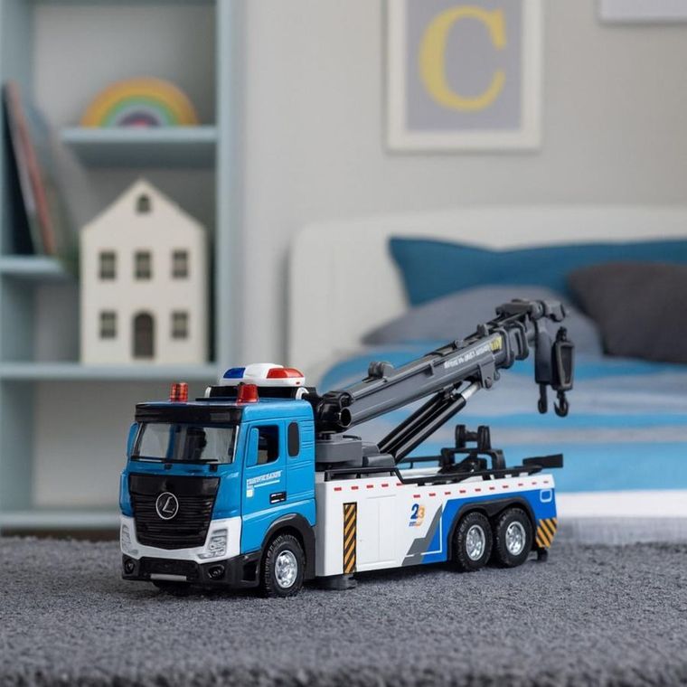 Lean Toys, ciężarówka z wysięgnikiem, metalowa kabina, interaktywny pojazd budowlany