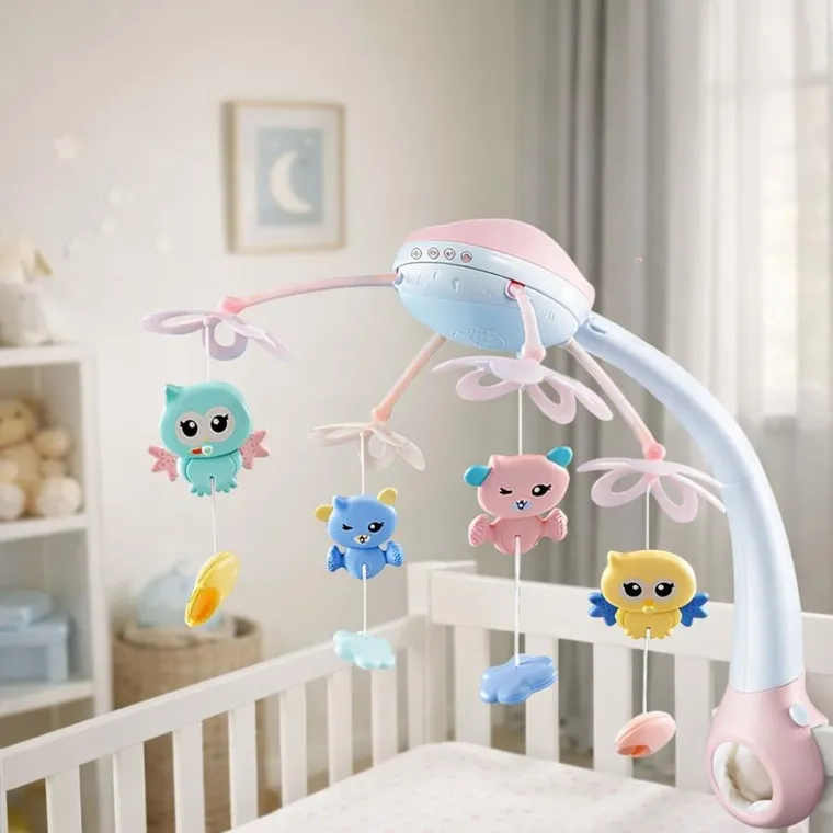 Lean Toys, karuzela do łóżeczka z projektorem, 2w1, różowa