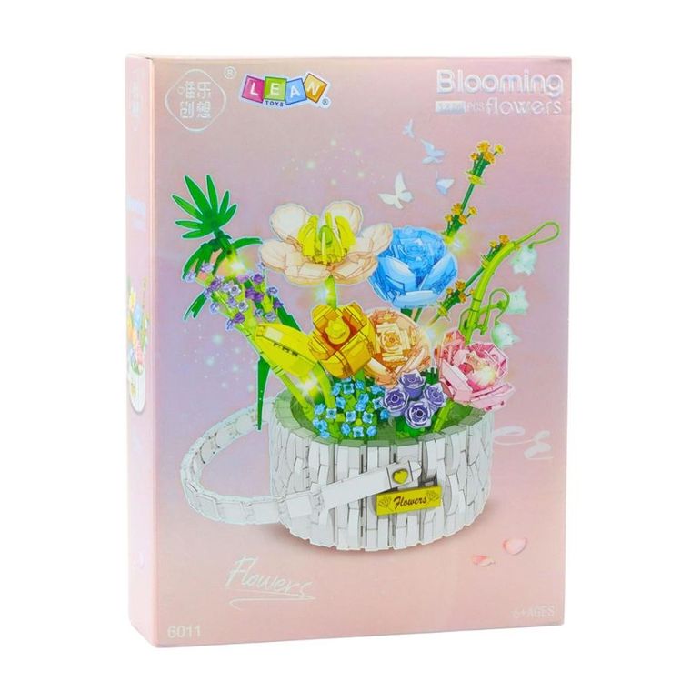 Lean Toys, klocki konstrukcyjne, Kompozycja Kwiatowa w Koszyku Światła LED, 1376 elementów