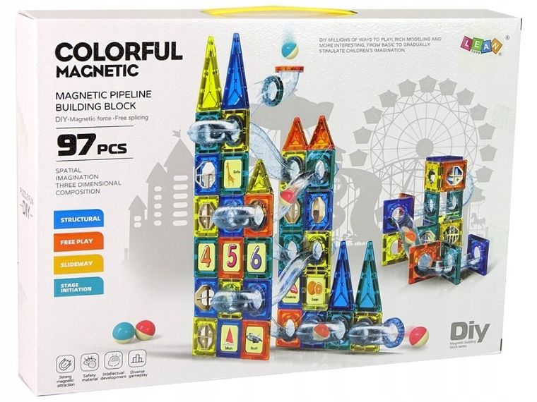 Lean Toys, klocki magnetyczne, kulodrom, 97 elementów