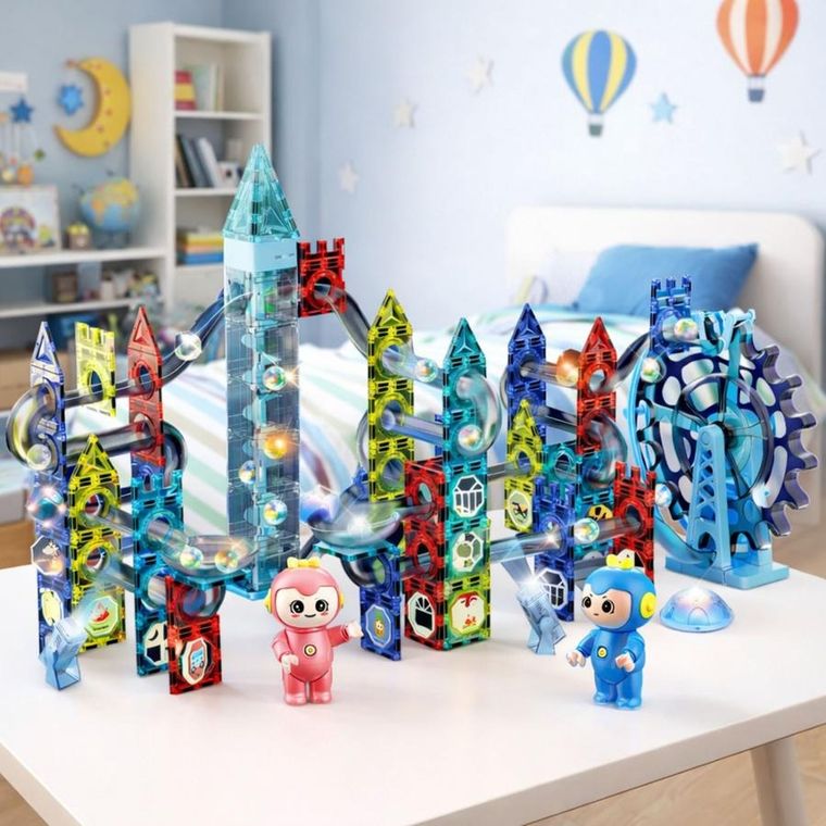 Lean Toys, klocki magnetyczne, tor kulkowy, koło młyńskie, 118 elementów