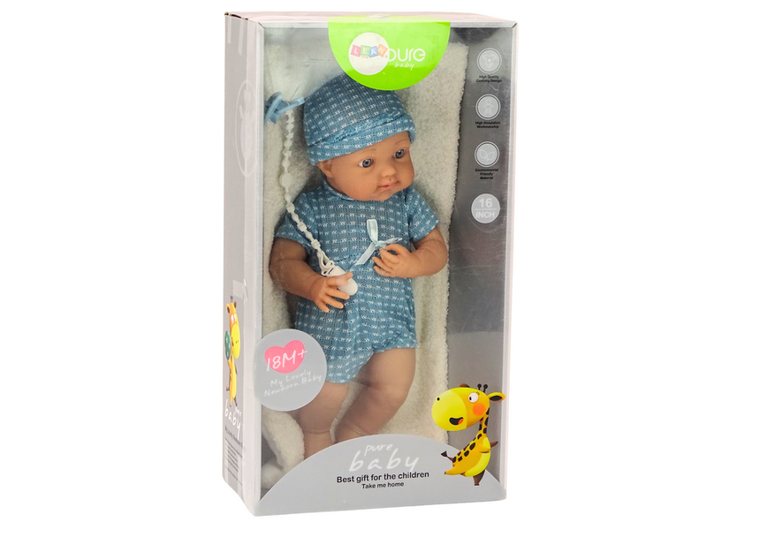 Lean Toys, lalka bobas ze smoczkiem, niebieska, 39 cm