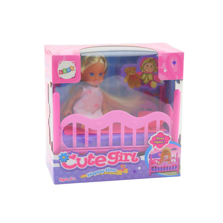 Lean Toys, mini laleczka w piżamie, zestaw z łóżeczkiem, różowe