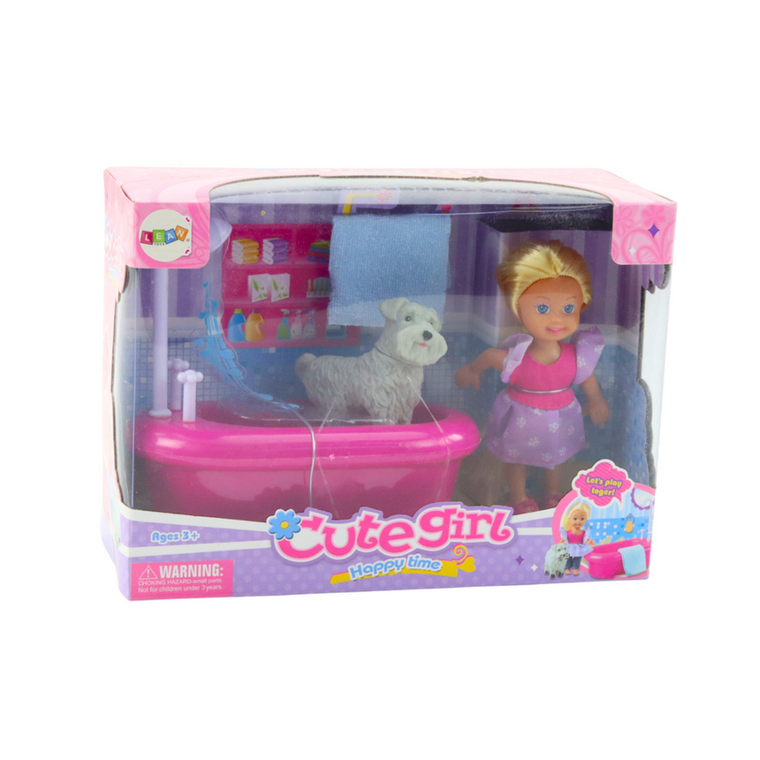 Lean Toys, mini laleczka, zestaw z wanną i pieskiem