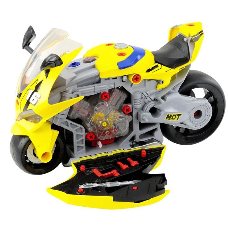 Lean Toys, motocykl do rozkręcania, warsztat, interaktywny, żółty