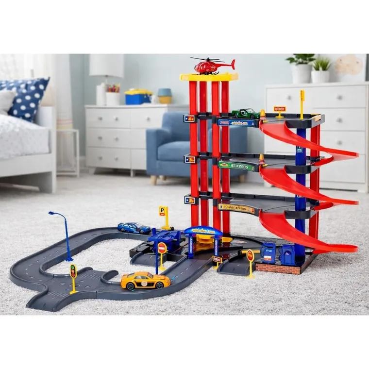 Lean Toys, parking 4 poziomowy z windą, helikopter i autka, 70 elementów