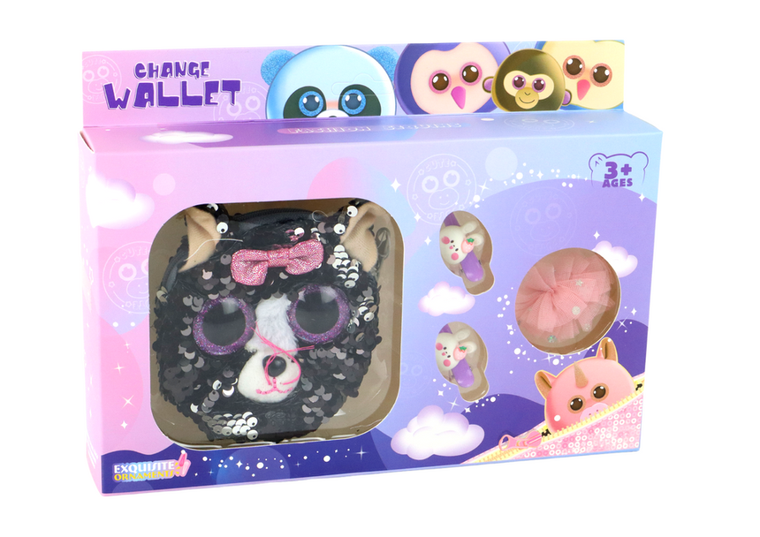 Lean Toys, portfel z akcesoriami, cekinowy, kot, 4 elementy