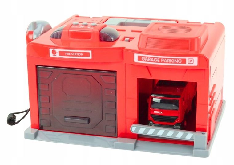 Lean Toys, remiza strażacka, zestaw interaktywny z pojazdem, 1:32