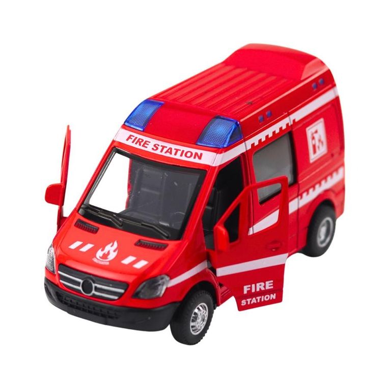 Lean Toys, samochód strażacki, metalowy pojazd z napędem pull back, czerwony, 1:32