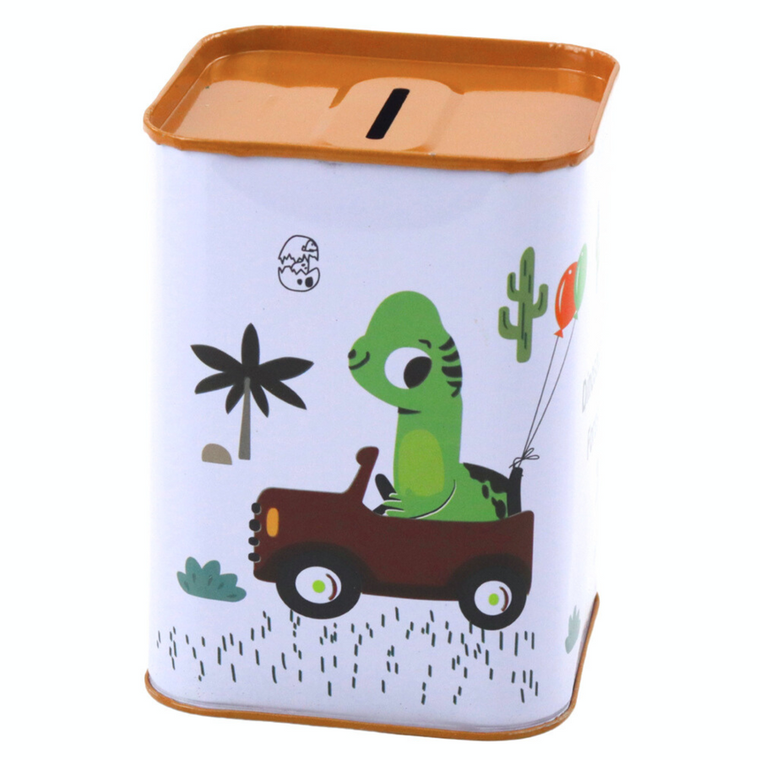 Lean Toys, skarbonka metalowa, dinozaur w samochodzie, 11-8 cm, 1 szt.