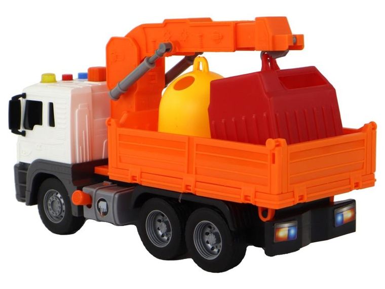Lean Toys, śmieciarka z dźwigiem, pojazd z napęd frykcyjnym i dźwiękiem, pomarańczowy, 1:16