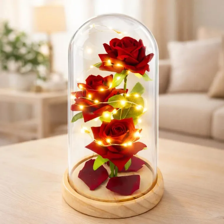 Lean Toys, wieczne róże w szklanej kopule LED, czerwone, 21,5-11 cm