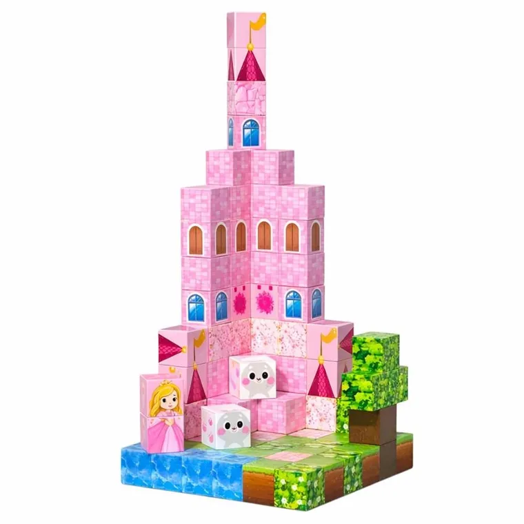 Lean Toys, zamek księżniczki, magnetyczne klocki konstrukcyjne, różowe sześciany piksele, 96 elementów