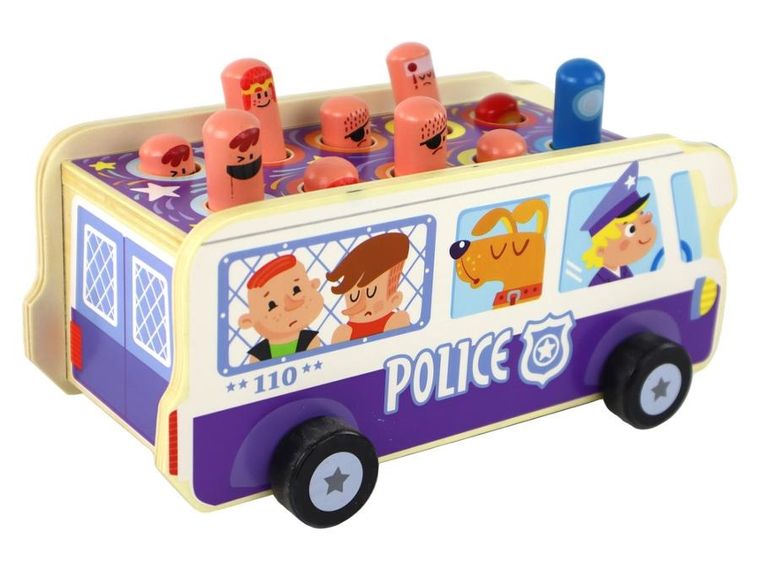 Lean Toys, zbijak, autobus policyjny, zabawka zręcznościowa, drewniana