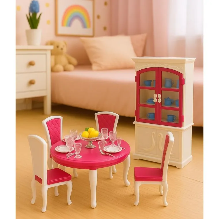 Leantoys, zestaw mebli dla lalek, jadalnia, stół z krzesłami i kredensem