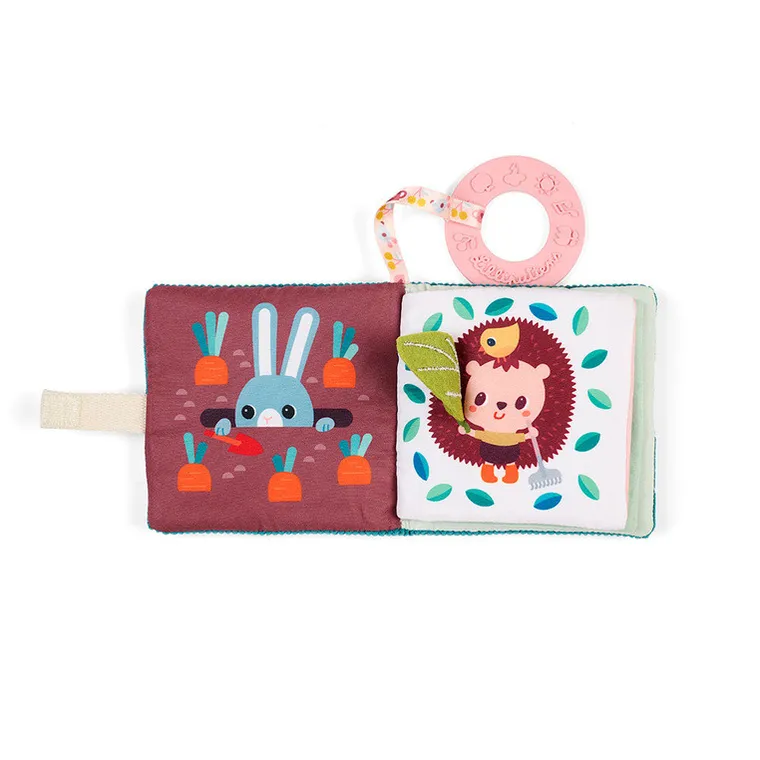 Lilliputiens, Kotka Jeanne, mini-książeczka wielofunkcyjna z szeleszczącą folią i gryzakiem, 6m+