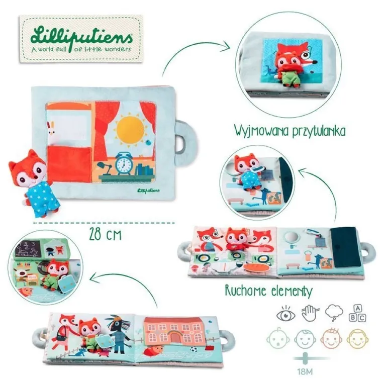 Lilliputiens, miękka książeczka aktywizująca z mini - przytulanką, Dzień dobry, mały lisku, 18 m+