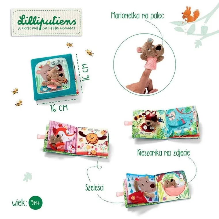 Lilliputiens, Niedźwiadek Cesar, książeczka z mini-pacynką na palec "Buziaki dla Cezara", 12m+