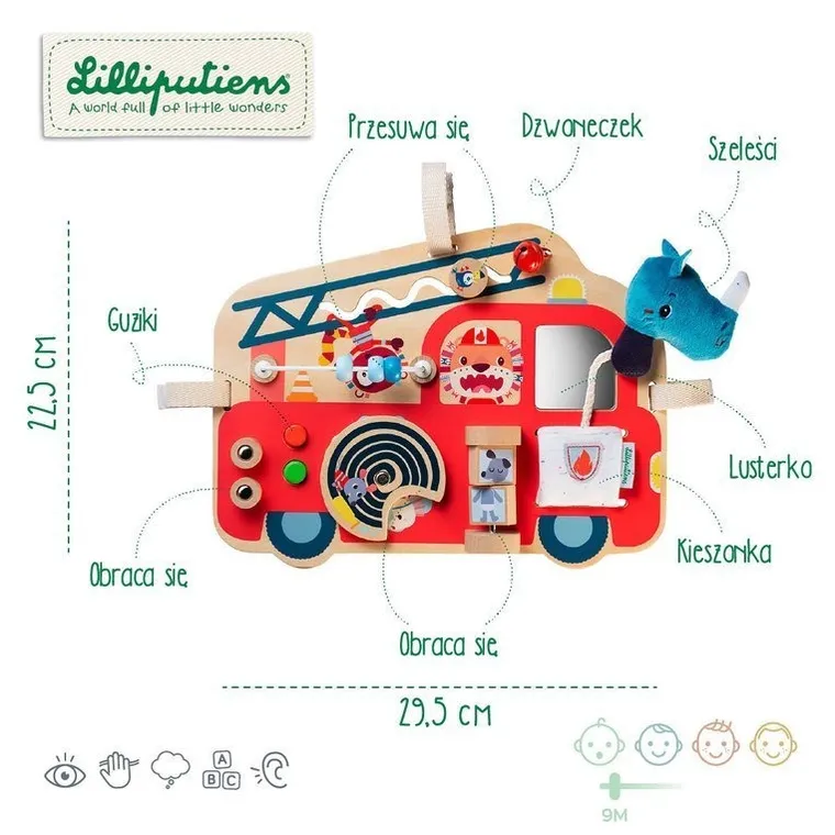 Lilliputiens, Nosorożec Marius, wóz strażacki, drewniana tablica manipulacyjna, 9 m+