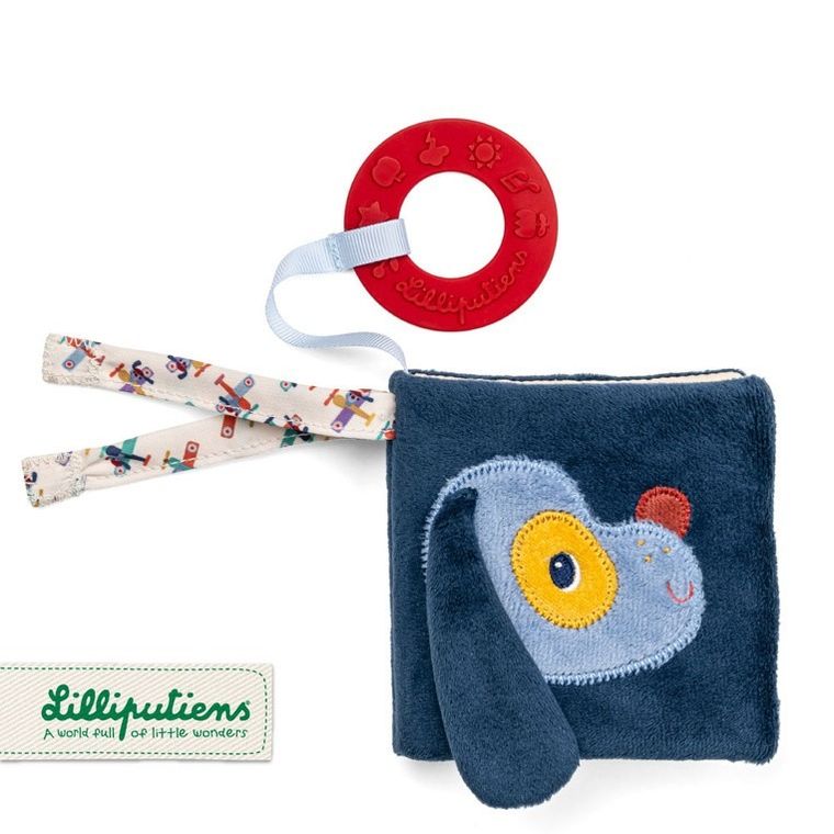 Lilliputiens, Piesek Jules, mini-książeczka wielofunkcyjna z szeleszczącą folią i gryzakiem, 6m+