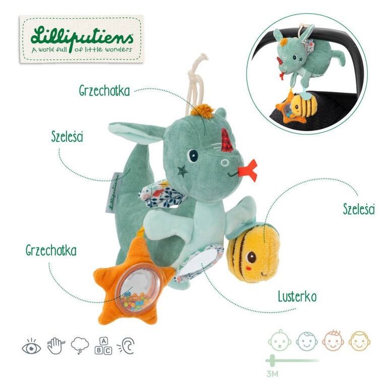 Lilliputiens, Smok Joe, wielofunkcyjna przytulanka do powieszenia, 3m+