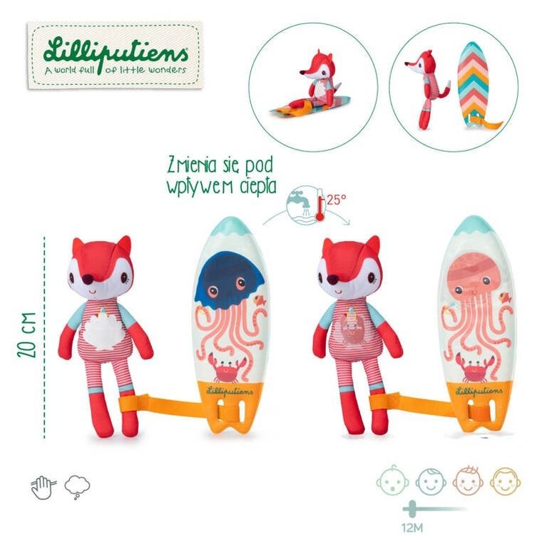 Lilliputiens, Surfer Lisiczka Alice, magiczna przytulanka do kąpieli, 12m+