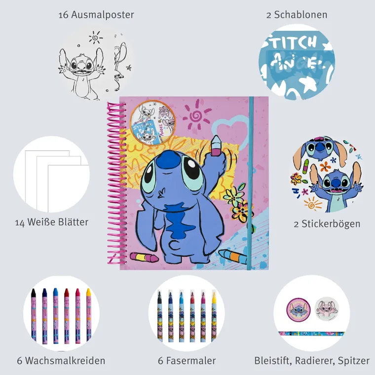 Lilo i Stitch, zestaw artystyczny z szablonami, naklejkami i kredkami, 49 elementów
