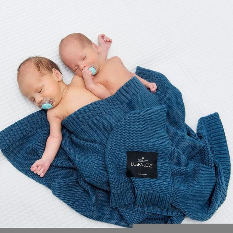 LullaLove, całoroczny koc bambusowo-bawełniany, skandynawski splot, granatowy, 120-100 cm