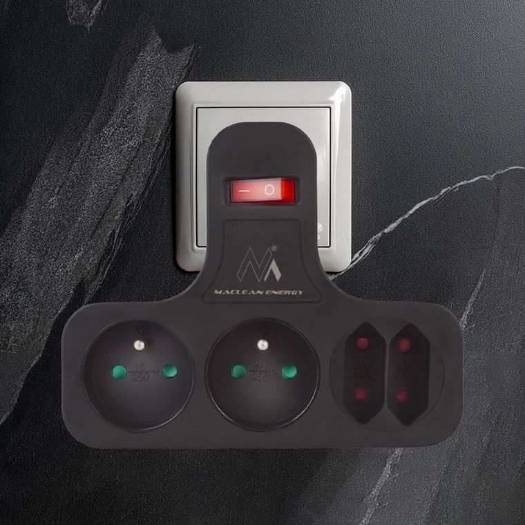 Maclean, gniazdko prądowe, poczwórne z wyłącznikiem, nóżką stabilizującą, typu E, 2-2,5A, 2-16A, MCE224 E/B