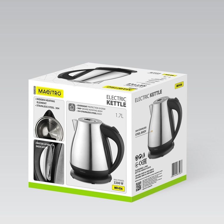 Maestro, czajnik elektryczny, metalowy, 1,7l, 2200W, MR-036