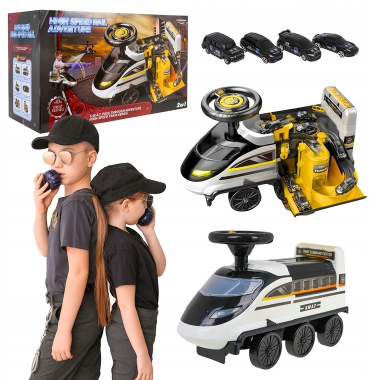 Maksik, jeździk interaktywny, policja, rozkładany tor samochodowy, czarny