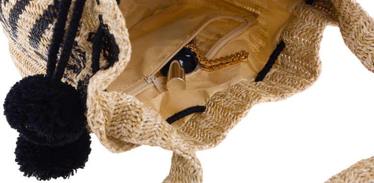 Mała, słomiana torebka worek z pomponami, idealna na lato, Cavaldi