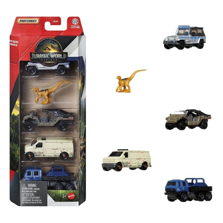Matchbox, Jurassic World, Samochodziki i dinozaur, 5-pak zabawek, 1 szt.