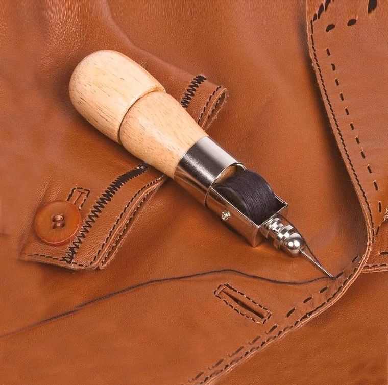 Maximex, szydło do szycia ręcznego z drewnianą rączką, 2 zapasowe szpulki