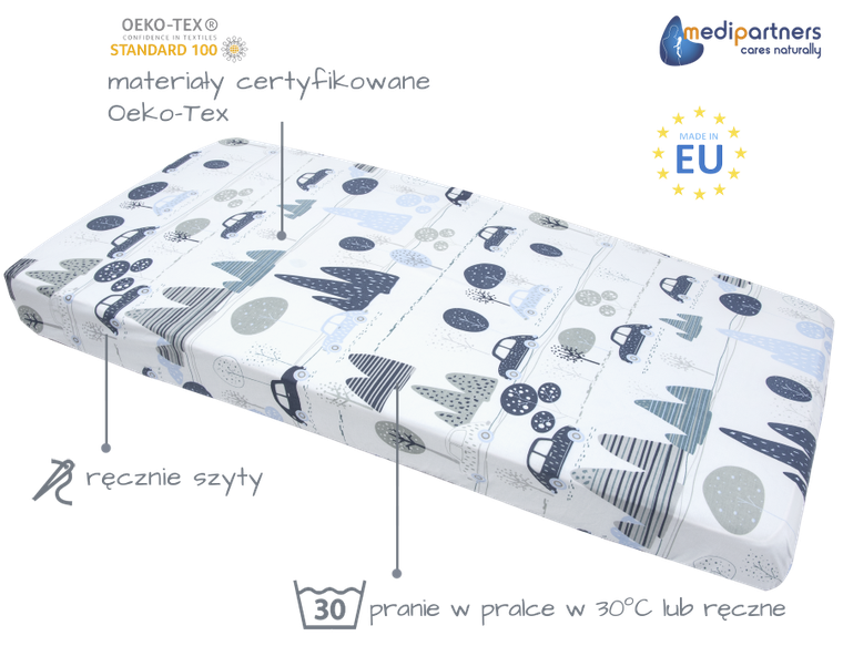 Medi Partners, Auta, prześcieradło z gumką do łóżeczka, bawełniane, 120-60 cm, 3 szt.