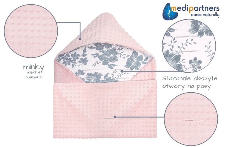 Medi Partners, Berry, otulacz do nosidełka z kapturkiem, minky, różowy, 85-85 cm