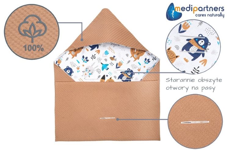 Medi Partners, Boho, otulacz do nosidełka, kocyk z kapturkiem, wafel, 85-85 cm