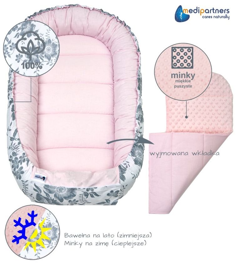 Medi Partners, gniazdo niemowlęce, kokon w zestawie, różowy